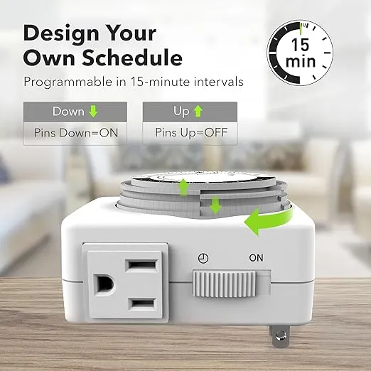 HBN Indoor Timers for Lamps,24 Hour Plug-in Mechanical Indoor Timer for Electrical Outlets,Dual Outlets,15 Minute Intervals,Light Timer for Indoor Lighting,Heavy Duty Daily Cycle,3 Prong,2-Pack