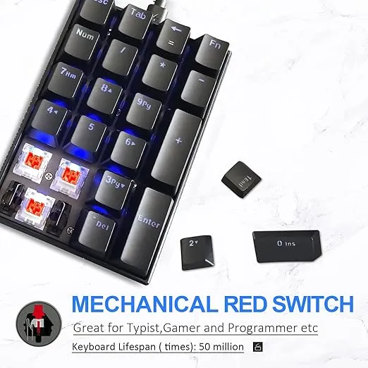 MOTOSPEED K23 Mechanical Numeric Keypad Red Switch Wired 21 Keys Mini Numpad Portable Keypad Backlight Gaming Keypad Extended Layout for Cashier