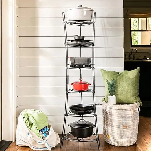 Lodge 6-Tier, Kitchen and Pantry Cast Iron Cookware Storage Organizing Tower, Steel Construction, Matte Black , 32.67" x 20.19" x 6"