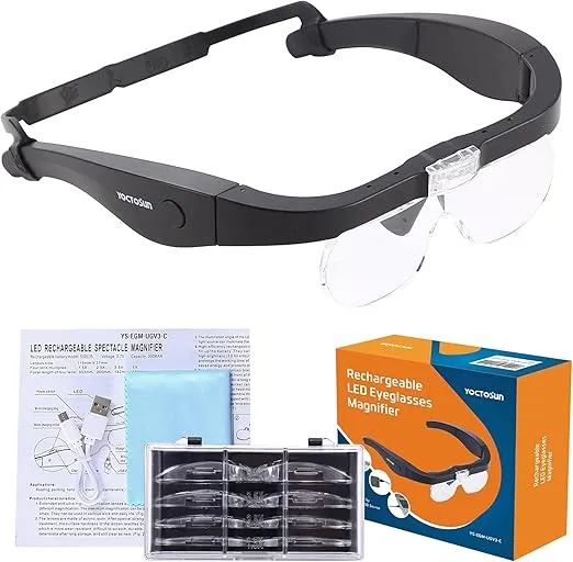 YOCTOSUN Rechargeable Magnifying Glasses, Head Magnifier Glasses with 2 LED Lights and Detachable Lenses 1.5X, 2.5X, 3.5X,5X, Best Eyeglasses Magnifier for Reading and Hobby