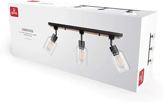 Globe Electric 59798 25" 3-Light Track Lighting, Wood Toned, Matte Black Accents, Clear Glass Shades, Kitchen, Bathroom, Home Essentials, Ceiling Light, Dorm, Dining Room, Hallway