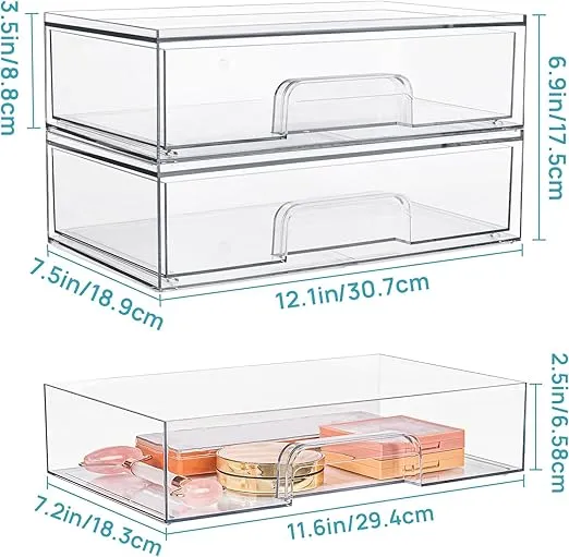 Vtopmart 12.1''W Clear Stackable Storage Drawers,4 Pack Acrylic Plastic Organizers Bins for Makeup Palettes, Cosmetics, and Beauty Supplies,Ideal for Vanity, Bathroom,Cabinet,Desk Organization