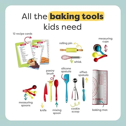 Baketivity 31 Pcs Kids Cooking & Baking Set with Kids Knife & Real Cooking Utensils - Kid Safe Knife & Cooking Tools - Kids Baking Set Gift for Girls & Boys Including Nylon Knife for Kids