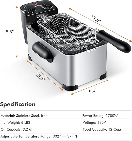 COSTWAY Deep Fryer with Basket, 3.2Qt Stainless Steel Electric Oil Fryer w/Adjustable Temperature, Timer, Lid with View Window, Professional Style, Deep Fryer Pot for Home Use, French Fries, Chicken