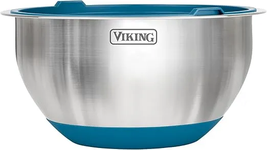 Viking Culinary Stainless Steel Mixing Bowl Set, 10 piece, Non-slip Silicone Base, Includes Airtight Lids, Dishwasher Safe, Teal