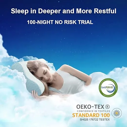 Anvo Memory Foam Pillow, Neck Contour Cervical Orthopedic Pillow for Sleeping Side Back Stomach Sleeper, Ergonomic Bed Pillow for Neck Pain - Blue White, Soft