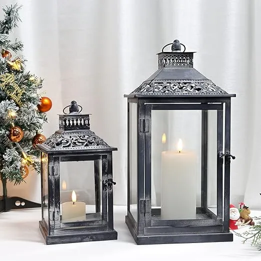 JHY DESIGN Set of 2 Antique Grey Brush Decorative Lanterns Metal Candle Lanterns for Indoor Outdoor Events Paritie and Weddings Vintage Style Hanging Lantern(with Glass)