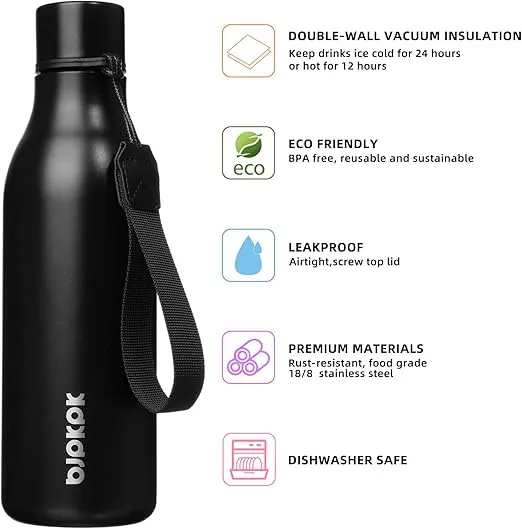 BJPKPK Insulated Water Bottles, 18 oz Stainless Steel Metal Water Bottle with Strap, BPA Free Leak Proof Thermos, Mugs, Flasks, Reusable Water Bottle for Sports & Travel, Black