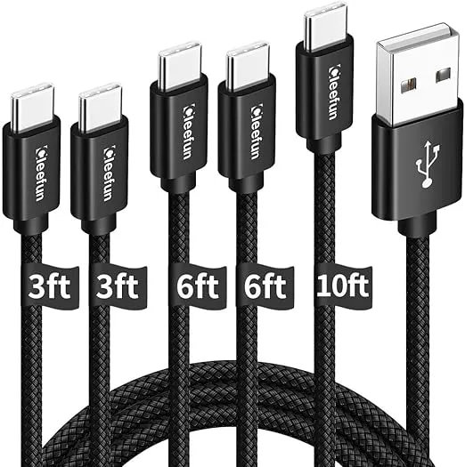 CLEEFUN USB C Cable, USB to USB C Cable Braided, [5 Pack, 3/3/6/6/10 ft] Type C Charger Fast Charging Cable for iPhone 15 Pro Max/Pro/Plus, for Samsung Galaxy S24 S23 S22 S21 S20 Ultra S10, Moto,Pixel