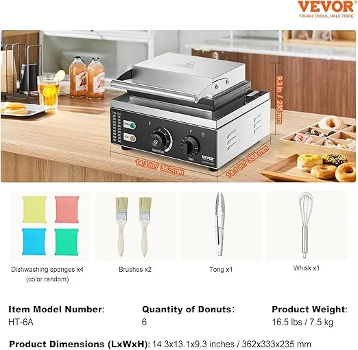 VEVOR Electric Donut Maker, 1550W Commercial Doughnut Machine with Non-stick Surface, 6 Holes Double-Sided Heating Waffle Machine Makes 6 Doughnuts, Temperature 122-572℉, for Restaurant and Home Use