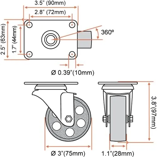 FactorDuty 4 All Black Metal Swivel Plate Caster Wheels Heavy Duty High-Gauge Steel (3" No Brake)