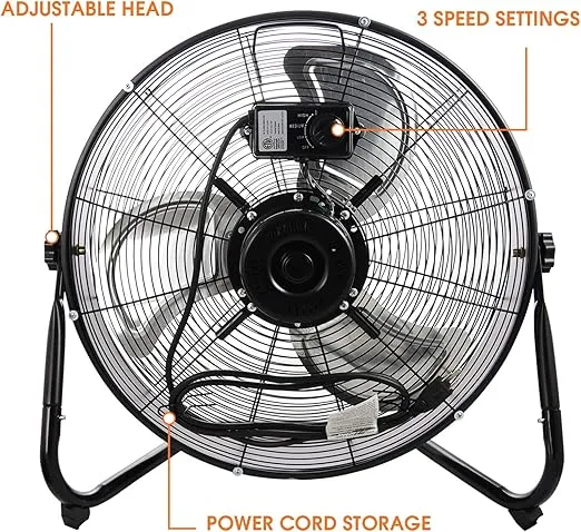 Vie Air VA-20W 20" Industrial Floor Drum Fan with 3 Speed, 360 Tilt Head, Black