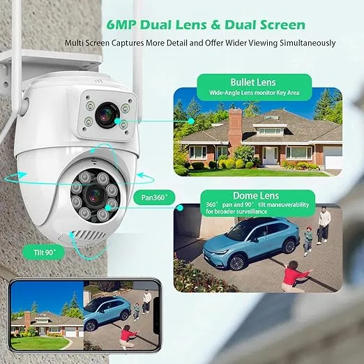 【Dual Lens Linkage】 6MP Security Camera Outdoor, WiFi Security Camera,Outdoor Camera Wireless,360°View,IP66 Waterproof,Human Detection&Tracking,Night Vision,24/7 Record,Corded Power