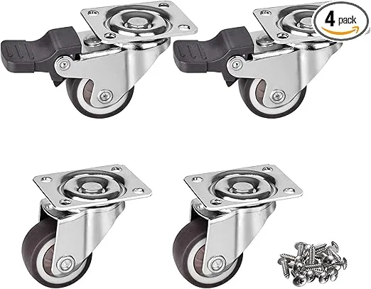 4 Pack 1" Small Caster Wheels for Furniture Low Profile Soft Rubber Casters Swivel Plate Castors Rolling Smooth, Load Capacity 100 Lbs for Set of 4 (2 with Brake and 2 Without)