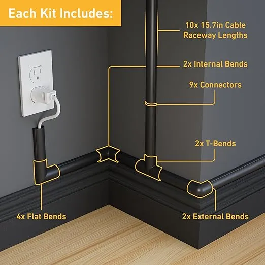 D-Line 157in Cord Cover Kit, Self-Adhesive Wire Hiders, Cable Raceway to Hide Wires on Wall, Electrical Cable Management - 10x 15.7 Lengths & 19 Accessories - 1.18" (W) x 0.59" (H) - Black