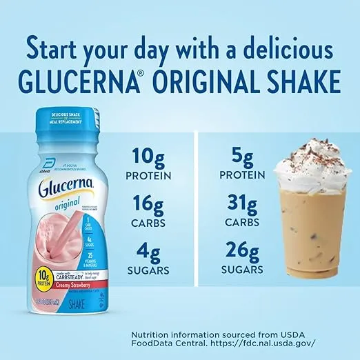 Glucerna Original Nutritional Shake, Diabetic Drink to Support Blood Sugar Management, 10g Protein, 180 Calories, Creamy Strawberry, 8-fl-oz Bottle, 24 Count