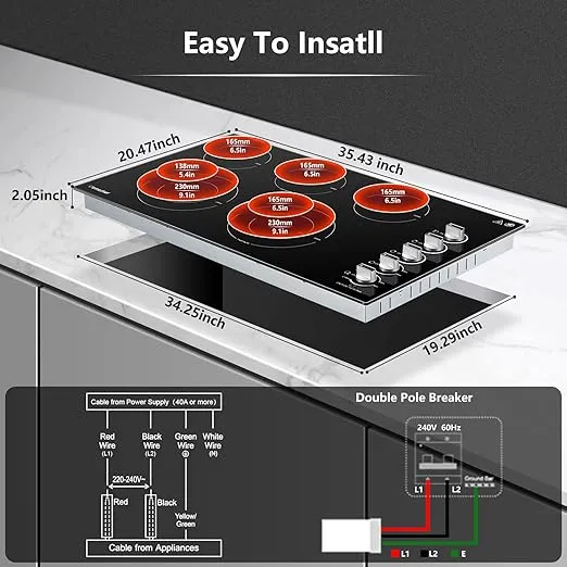 AMZCHEF Electric Cooktop 36 inch Built-in Electric Stove Burner with 5 Burners,8900W Power Control by Knob,Ceramic Electric Stove with Hot Surface Indicator,220V-240V