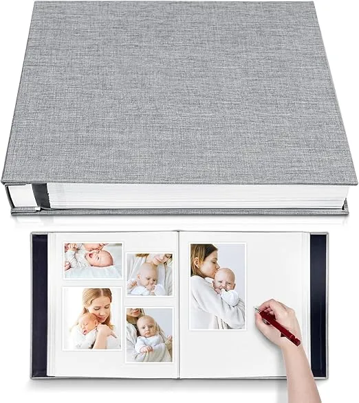 Large Photo Album Self Adhesive 4x6 8x10 10x12 13"x12.8" Magnetic Scrapbook Album 12.6"x11" Inch 40 Pages Linen Cover DIY Photo Album with A Metallic Pen and DIY Stickers(Gray)