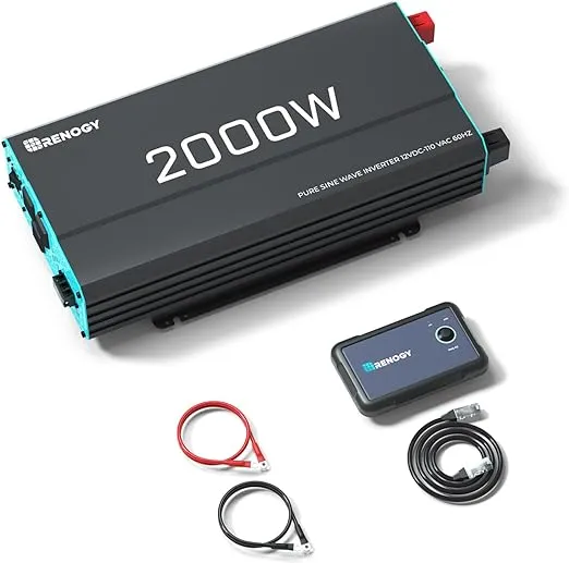 Renogy 2000W Pure Sine Wave Inverter 12V DC to 120V AC Converter for Home, RV, Truck, Off-Grid Solar Power Inverter 12V to 110V with Built-in 5V/2.1A USB / Hardwire Port, Remote Controller