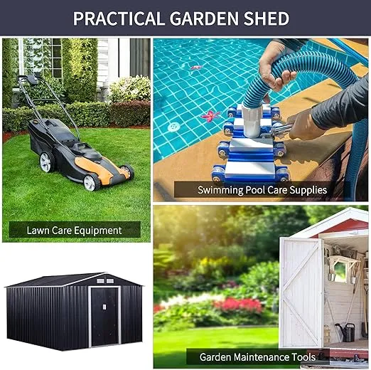 Outsunny 11' x 9' Outdoor Storage Shed, Garden Tool Metal Shed with Foundation Kit, Double Lockable Door, Air Vents and Sloping Roof, for Backyard, Patio, Lawn, Dark Gray