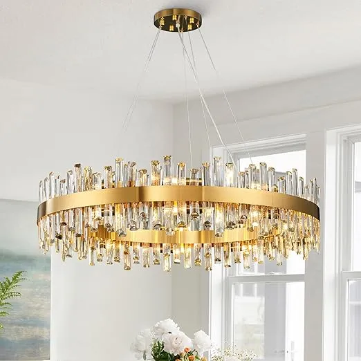 Gold Crystal Chandelier, 16-Light Modern Round K9 Crystal Chandelier, 2-Tier Luxury Crystal Hanging Pendant Ceiling Light Fixture for Dining Room Living Room Foyer Bedroom D31.5