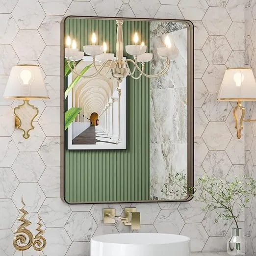 LOAAO 20”X30” Bronze Bathroom Mirrors for Vanity, Rounded Rectangle Brushed Bronze Metal Frame Mirror, Anti-Rust, Tempered Glass, Hangs Horizontally or Vertically