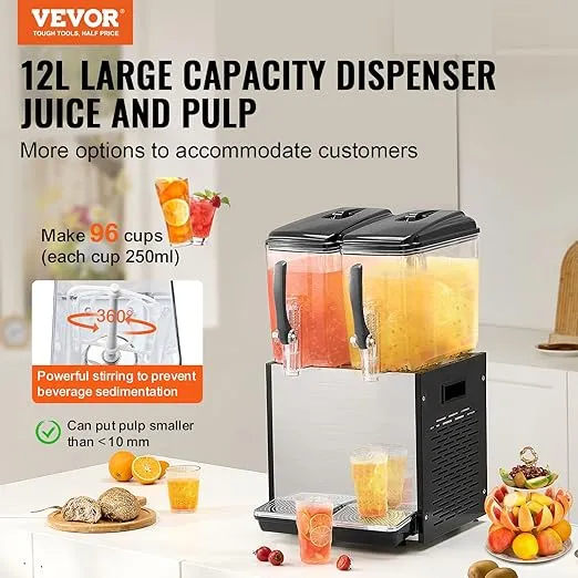 VEVOR Commercial Beverage Dispenser, 2 Tanks 12 L / 12.7 QT Per Tank Juice Dispenser, 286W Stainless Steel Ice Tea Drink Machine with 45°F-54°F Cooling Temperature, for Cold Drink Restaurant Bar Party