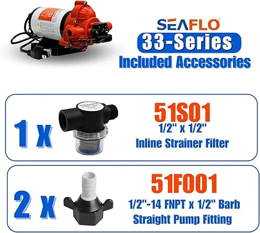 SEAFLO 33-Series Water Pressure Pump - 115V AC, 3.3 GPM, 45 PSI, Self Priming, Smart Pressure Switch, UL & CSA Certified, for RV, Caravan, Off-Grid, Marine, and Industrial Use