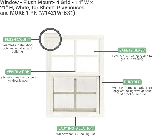 Shed Window 14" W x 21" H, Flush Mount Black for Sheds, Playhouses, and Chicken Coops 1 PK (W1421BLK-BX1)