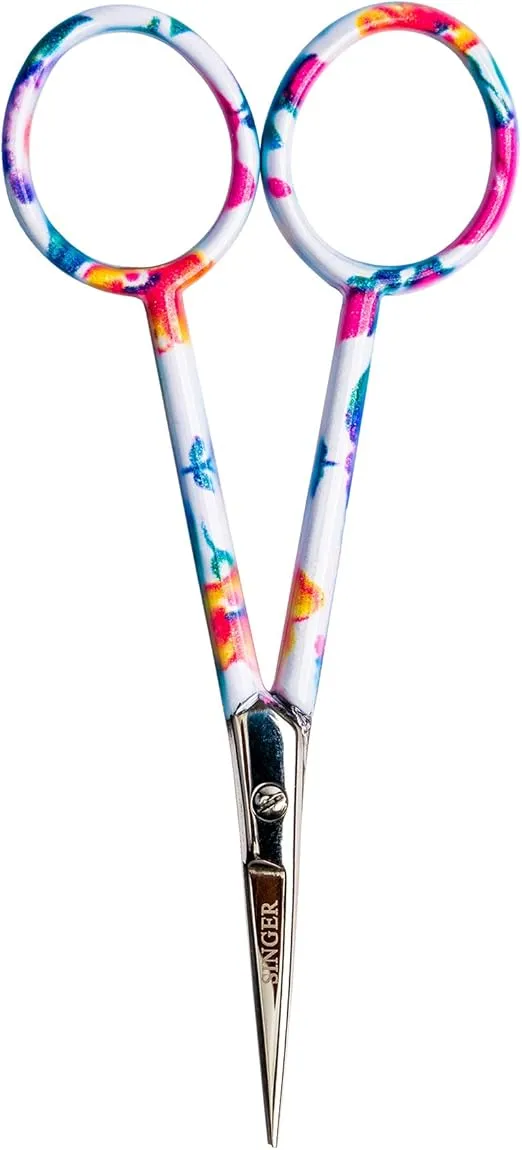 SINGER 4 Inch Forged Embroidery Scissors with Curved Tip for Sewing, Cross-Stiching, Crafts, & More (White Floral Printed, 1-Pack)