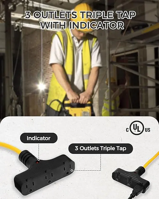 30 Ft Retractable Extension Cord Reel, 16/3 Gauge SJTW Power Cord with 3 Electrical Outlets Pigtail for Garage and Shop, 10 Amp Circuit Breaker, Metal Plate, UL Listed, Yellow Y30CR06