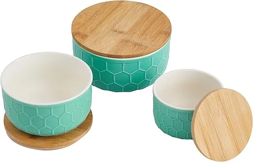 Bloomingville Farmhouse Stoneware Bowls with Honeycomb Design and Bamboo Lids, Mint Green and Natural, Set of 3 Sizes