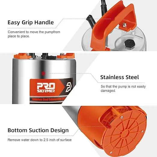 Stainless Steel Sump Pump, Prostormer 1HP 3700GPH Submersible Clean/Dirty Water Pump with Float Switch for Fresh Water, Mains Water, and Pool Water Orange