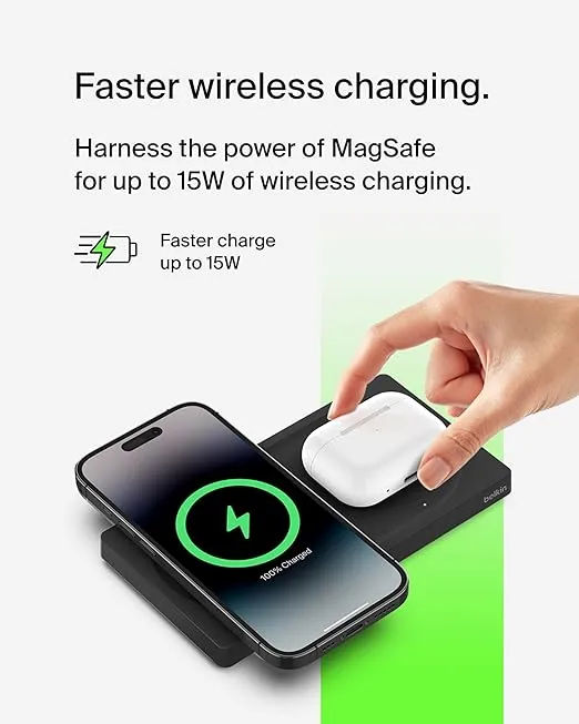 Belkin 2-in-1 Wireless Charging Pad with MagSafe 15W, Fast Charging iPhone Charger - Wireless Charging Station for iPhone 16, 15, 14, and 13 Series, AirPods, and Other MagSafe Enabled Devices - Black