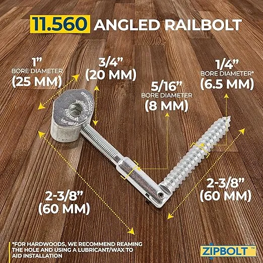 Zipbolt 11.550 Angled Railbolt Bulk Pack — Angled Staircase Handrail to Newel Post Connector for Lower Connection, Residential and Commercial Installation, New Construction and Remodels