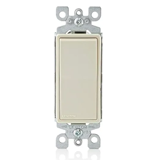 Leviton 5601-2T 15 Amp, 120/277 Volt, Decora Rocker Single-Pole AC Quiet Switch, Residential Grade, Grounding, Light Almond