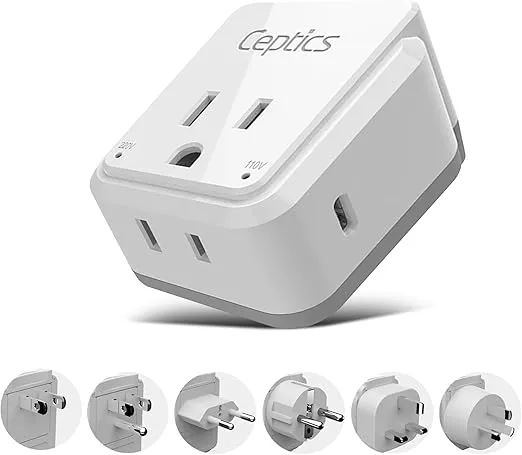 Ceptics World Travel Plug Adapter Set, Safe USB-C 3.0-2 USA Socket,30W PD & QC - Compact & Powerful - Use in Europe Includes Type A, B, C, E/F, G, I SWadAPt Attachments (PAK-30-WS)