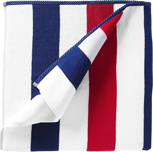 Laguna Beach Textile Co. Striped Cabana Beach Towel - Oversized, Plush 630 GSM Cotton - Red, White and Blue