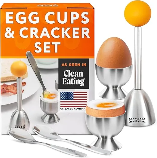 Eparé Egg Topper Cutter - Egg Cups & Holder for Soft Boiled Eggs - Egg Cracker Tool Set - Stainless Steel Soft Boiled Egg Cutter - Egg Spoons for Soft Boiled Eggs