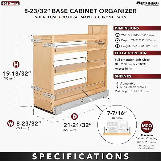 Rev-A-Shelf 8" Pullout Storage Organizer for Base Kitchen/Bathroom Cabinets, Spice Rack Pantry Shelves with Soft-Close Slides, Wood, 448-BDDSC-8C