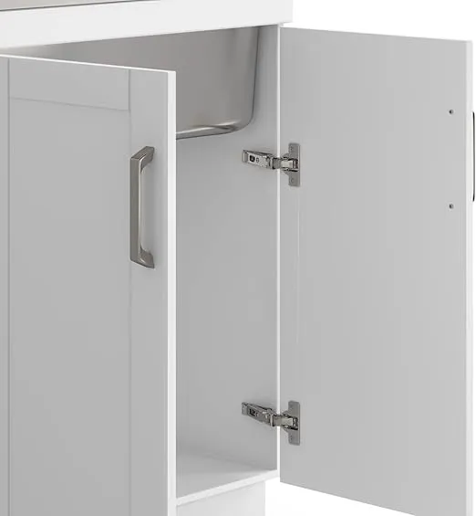 SIMPLIHOME Kyle Transitional 28 Inch Laundry Cabinet with Faucet and Stainless Steel Sink in White, For the Laundry Room and Utility Room