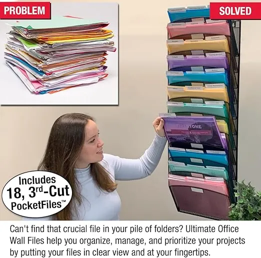 Ultimate Office Mesh Wall File Organizer, 12 Tier Vertical Mount Hanging File Sorter. Multipurpose Display Rack Includes 18, 3rd Cut PocketFile Clear Document Folder Project Pockets (Black)