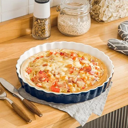 LOVECASA Porcelain Quiche Baking Dish,10 Inch Reusable Pie Pan Quiche Pan, Non-Stick Round Pie Dish, Tart Pan with Ruffled Edge,Pie Pan for Pies | Microwave,Dishwasher,and Oven Safe (Navy)