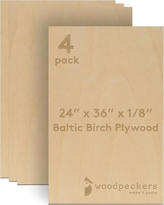 Baltic Birch Plywood 24 x 36 x 1/8 Inch - 3 mm Craft Wood, Pack of 4 B/BB Grade, Stronger Than Basswood Sheets or Balsa Wood, Perfect for Laser, CNC Cutting, Wood Burning, by Woodpeckers