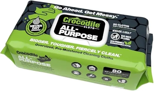 Crocodile Cloth All-Purpose - 80 Biodegradable, 10" X 15" Cleaning Wipes. Large, Moist, Absorbent and Disposable Cleaning Cloths. Safe on Skin and Multiple Surfaces.
