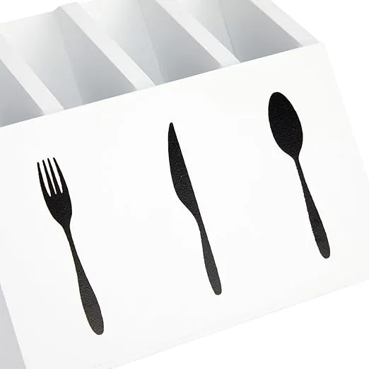 Farmlyn Creek Small Wooden Utensil Holder with 5 Slots for Fork, Knife, and Spoons, Silverware Holder for Countertop, Kitchen Organization, Home, RV, Camper, and Office (White, 7x5.25x6.5 in)