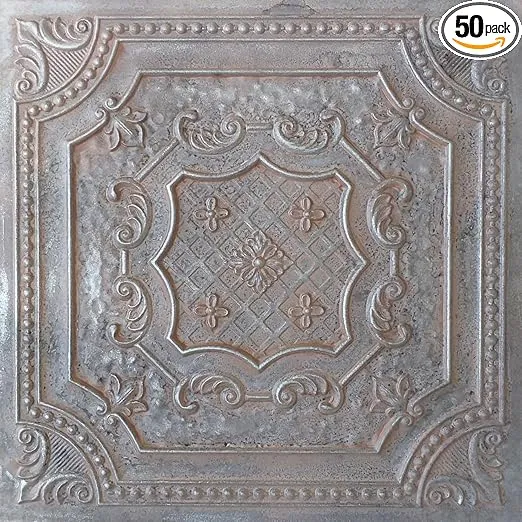 DCT04 Elizabethan Shield PVC 2' x 2' Lay-in or Glue-up Ceiling Tile (Covers / 200 sq.ft), Weathered Iron, 50 Piece