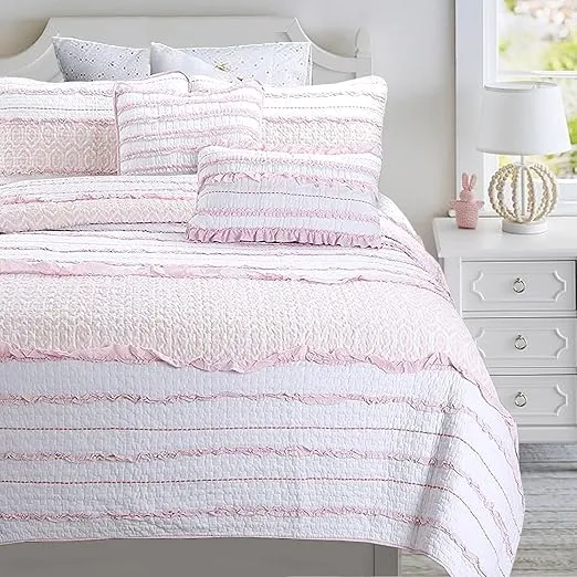 Cozy Line Home Fashions Pretty in Pink Girly Ruffle Stripped 100% Cotton Reversible Quilt Bedding Set, Coverlet, Bedspread (Pink Princess, Queen - 3 Piece: 1 Quilt + 2 Shams)