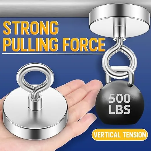 Strong Neodymium Fishing Magnets, 500 lbs (227 KG) Pulling Power, Rare Earth Magnets, 2.36-inch (60mm) Diameter, Ideal for River Recovery and Magnetic Fishing Excursions