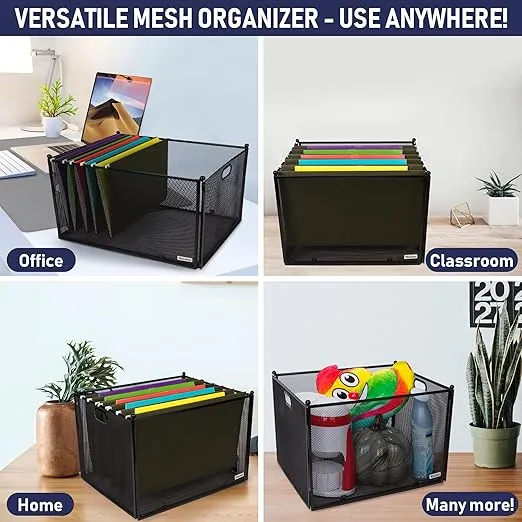 Hanging File Organizer Mesh Box - File Organizer Box Supports Letter Sized and Legal Sized Hanging Folders, Modern Black Metal Mesh Hanging File Crate, Collapsible File Organizer for Home or Office